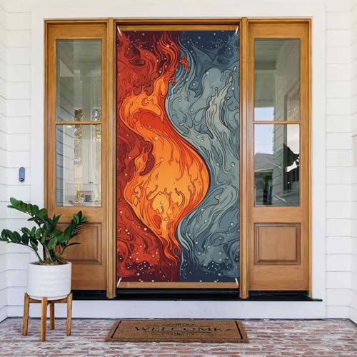 Willkommens-Türabdeckung, Dekoration, Türbanner 180 x 80 cm, Wasser- und Feuer-Muster, Veranda-Banner, Schild, Fotohintergrund, saisonales Haustür-Banner zum Aufhängen, Banner für Urlaub, Party, Innen Willkommens-Türabdeckung, Dekoration, Türbanner 180 x 80 cm, Wasser- und Feuer-Muster, Veranda-Banner, Schild, Fotohintergrund, saisonales Haustür-Banner zum Aufhängen, Banner für Urlaub, Party, Innen von BSCKKDMN