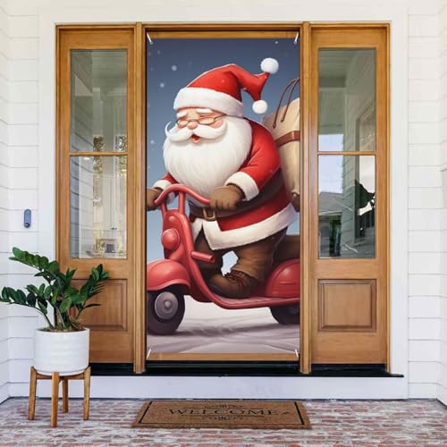 Willkommens-Türabdeckung, Dekoration, Türbanner 183 x 80 cm, Weihnachtsmann auf Roller, Veranda, Banner, Schild, Fotohintergrund, saisonales Haustür-Banner für Urlaub, Party, Innen- und Willkommens-Türabdeckung, Dekoration, Türbanner 183 x 80 cm, Weihnachtsmann auf Roller, Veranda, Banner, Schild, Fotohintergrund, saisonales Haustür-Banner für Urlaub, Party, Innen- und von BSCKKDMN