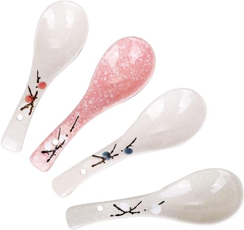 4 Stück Chinesische/Japanische Keramik Suppenlöffel, Rosa Kirschblüte im Schnee Muster Keramiklöffel Geeignet für Suppe von BSDHGF