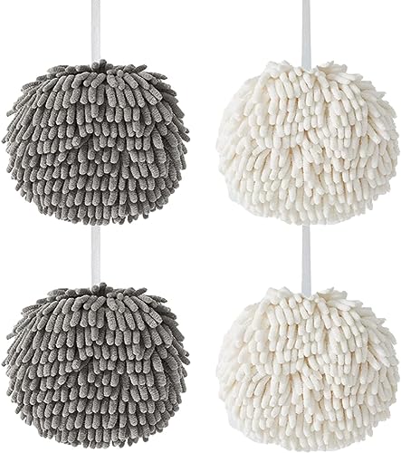 BSDHGF Ballhandtücher, 18 cm, saugfähige Chenille-Ball-Gadgets für Zuhause/Küche/Badezimmerutensilien/Hängetücher, schnell trocknende Tücher (weiß und grau) (4 Stück) von BSDHGF