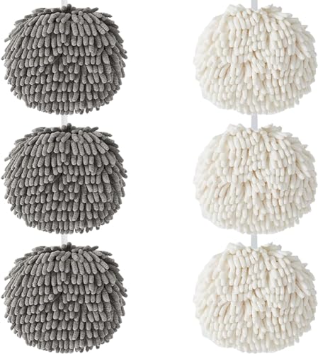 BSDHGF Ballhandtücher, 18 cm, saugfähige Chenille-Ball-Gadgets für Zuhause/Küche/Badezimmerutensilien/Hängetücher, schnell trocknende Tücher (weiß und grau) (6 Stück) von BSDHGF