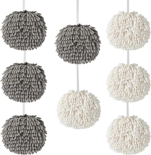 BSDHGF Ballhandtücher, 18 cm, saugfähige Chenille-Ball-Gadgets für Zuhause/Küche/Badezimmerutensilien/Hängetücher, schnell trocknende Tücher (weiß und grau) (8 Stück) von BSDHGF