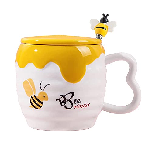 BSDHGF Geprägte Keramik Honigglas Kaffeetasse mit Deckel und Bienenlöffel (A) von BSDHGF