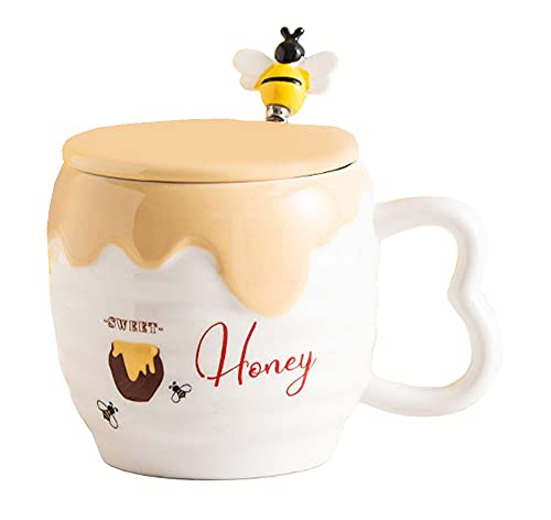BSDHGF Geprägte Keramik Honigglas Kaffeetasse mit Deckel und Bienenlöffel (B) von BSDHGF