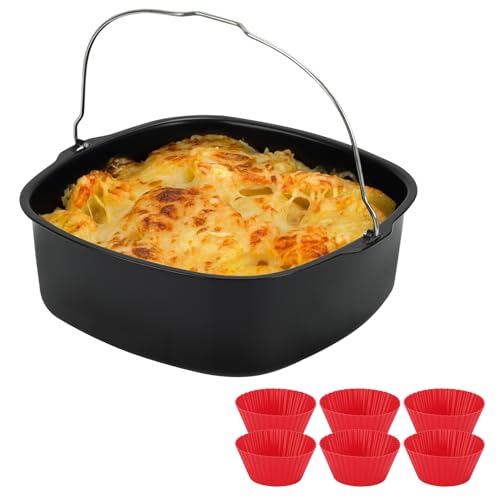 20,3 cm quadratische antihaftbeschichtete Kuchenform Luftfritteusenpfanne Edelstahl Backblech Pfanne Bratkorb Backgeschirr Form Fritteuse Zubehör (mit 6 Bechern) von BSDLZCH