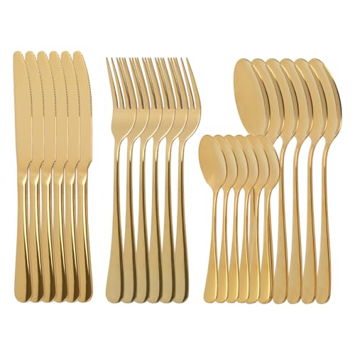 24-teiliges Besteckset, luxuriöses Edelstahl-Besteckset, Geschirr für 6 Personen mit Löffel-, Messer- und Gabel-Set, spülmaschinenfest/leicht zu reinigen/hochglanzpoliert (Gold/hochbelastbar) von BSDLZCH