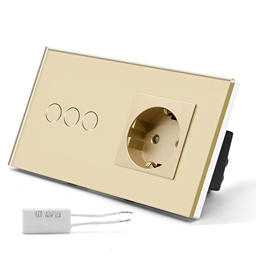 BSEED Touch Dimmer Lichtschalter mit Steckdose Glasscheibe 1 Fach 1 Weg Wandlichtschalter und normaler Schuko Steckdose 16 Amp Eingebettet Einfache Installation Gold von BSEED