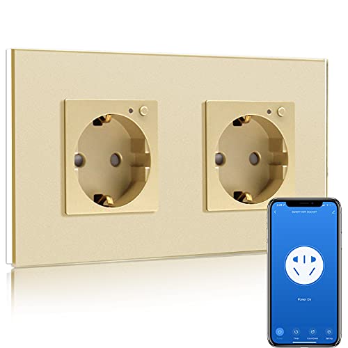 BSEED Wifi Smart Steckdose,arbeitet mit Amazon Alexa,Google Home,Timing-Funktion und APP-Steuerung,2 Fach Schuko Steckdose Gold,Unterputz Glas Intelligente Steckdose-auf NUR 2.4 GHz Netzwerk von BSEED