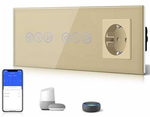 BSEED 16Amp Normal Steckdose mit Doppelt Smart Alexa Dimmer Lichtschalter Glas Wifi Touch Dimmerschalter (Neutrale Leitung benötigt)1 Fach 1 Weg, Kompatibel mit Tuya/Google Home/SAMRT LIFE Gold von BSEED