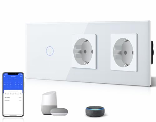 BSEED 16Amp Normal Steckdose mit Smart Alexa Lichtschalter Glas Wifi Touchscreen Schalter mit Doppel Stecker (Neutrale Leitung benötigt)1 Fach 1 Way Weiß Work mit Alexa/Tuya/Google Home/SAMRT LIFE von BSEED