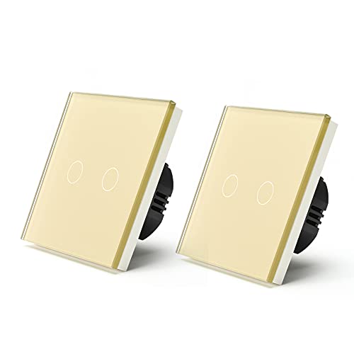 BSEED 2er Pack Normal Touch Lichtschalter, Glas Berührung Wandlichtschalter 110V - 240V 10 Amp Gehärtete Kristallplatte mit LED Lampe Hintergrundbeleuchtung 2 Fach 2 Weg Gold von BSEED