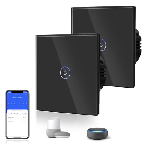BSEED 2er Pack Smart Alexa 1 Gang 2-Wege-WLAN-Schalter, Glaswand-Wandlichtschalter Schwarz, Google/Sprachsteuerung, Freigabegeräte (Neutralleiter erforderlich) von BSEED