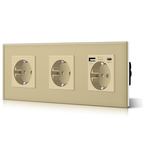 BSEED 3 Fach Schuko Steckdose Unterputz Bündig Montiert WandSteckdose 3 in 1 Steckdosen mit 2.1 A USB Ladeleistung und Type C Adapter Aufladestation Verlängerungssteckdosen Glas 228mm Gold von BSEED