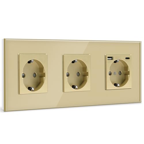 BSEED 3 Fach Steckdose Schuko Steckdose mit einem USB/Typ C 16Amp Unterputz Steckdose Glas Einbausteckdose mit USB 228mm Wandsteckdose Gold BSEED 3 Fach Steckdose Schuko Steckdose mit einem USB/Typ C 16Amp Unterputz Steckdose Glas Einbausteckdose mit USB 228mm Wandsteckdose Gold von BSEED