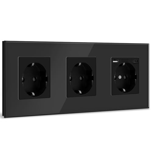 BSEED 3 Fach Steckdose Schuko Steckdose mit einem USB/Typ C 16Amp Unterputz Steckdose Glas Einbausteckdose mit USB 228mm Wandsteckdose Schwarz von BSEED