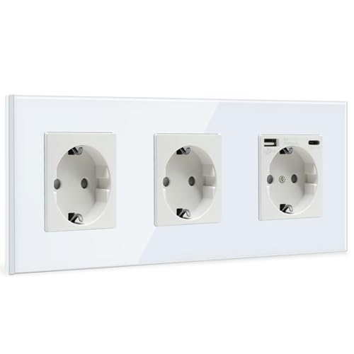 BSEED 3 Fach Steckdose Schuko Steckdose mit einem USB/Typ C 16Amp Unterputz Steckdose Glas Einbausteckdose mit USB 228mm Wandsteckdose Weiß BSEED 3 Fach Steckdose Schuko Steckdose mit einem USB/Typ C 16Amp Unterputz Steckdose Glas Einbausteckdose mit USB 228mm Wandsteckdose Weiß von BSEED