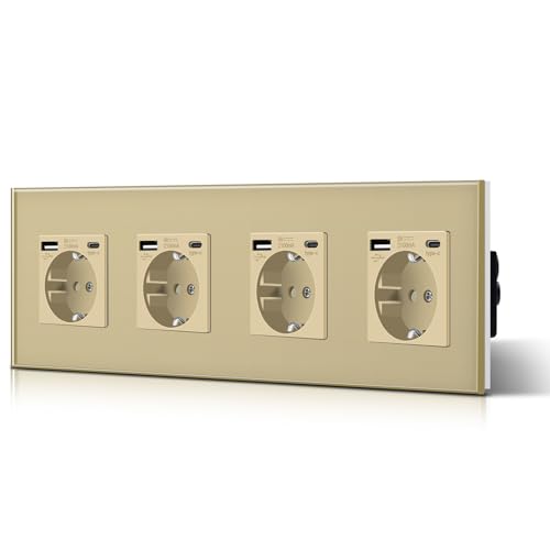 BSEED 4 Set Schuko Wand Steckdose mit USB & Typ C Glas 3 in 1 Unterputz Steckdosen 4 Weg mit 2.1 A USB Ladeleistung und Typ C Adapter Aufladestation Verlängerungssteckdosen 299mm Gold BSEED 4 Set Schuko Wand Steckdose mit USB & Typ C Glas 3 in 1 Unterputz Steckdosen 4 Weg mit 2.1 A USB Ladeleistung und Typ C Adapter Aufladestation Verlängerungssteckdosen 299mm Gold von BSEED