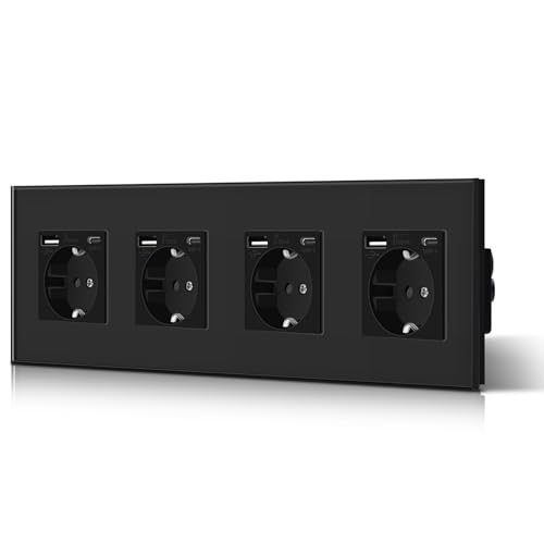 BSEED 4 Set Schuko Wand Steckdose mit USB & Typ C Glas 3 in 1 Unterputz Steckdosen 4 Weg mit 2.1 A USB Ladeleistung und Typ C Adapter Aufladestation Verlängerungssteckdosen 299mm Schwarz von BSEED