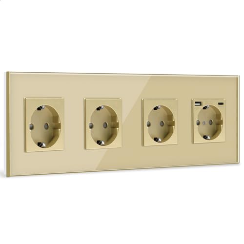 BSEED 5 Fach Steckdose Schuko Steckdose mit einem USB/Typ C 16Amp Unterputz Steckdose Glas Einbausteckdose mit USB 299mm Wandsteckdose Gold BSEED 5 Fach Steckdose Schuko Steckdose mit einem USB/Typ C 16Amp Unterputz Steckdose Glas Einbausteckdose mit USB 299mm Wandsteckdose Gold von BSEED