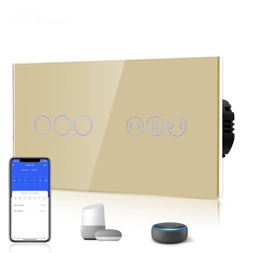 BSEED Alexa WiFi Berührungssensor Touch Schalter 3 Fach 1 Weg Fernbedienung mit Smart Life/Tuya APP mit Smart Vorhang Schalter Alexa und Google Home Kompatibel Gold von BSEED