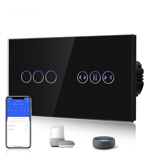 BSEED Alexa WiFi Berührungssensor Touch Schalter 3 Fach 1 Weg Fernbedienung mit Smart Life/Tuya APP mit Smart Vorhang Schalter Alexa und Google Home Kompatibel Schwarz von BSEED