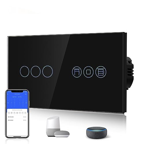 BSEED Alexa WiFi Touch Schalter 3 Fach 1 Weg Fernbedienung mit Smart Life/Tuya APP mit Smart Rolladenschalter Jalousieschalter Alexa und Google Home Kompatibel Schwarz von BSEED