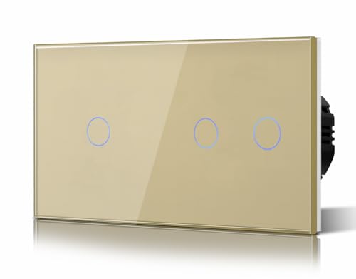 BSEED-Berührungsschalter 1-Fach 1-Weg und 2-Fach 1-Weg Glasscheibe Kein Neutralleiter, KEIN-WIFI,Gehärtete Kristallplatte Schalter mit LED Hintergrundbeleuchtung, Eingebettet Gold von BSEED