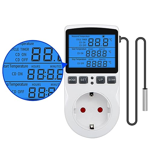 BSEED Digitaler Temperaturregler Steckdose mit Fühler, LCD Display Thermostat Steckdose mit Temperatursensor, Heizen/Kühlen Temperaturschalter 230V Zeitschaltuhr Steckdose für Gewächshaus, Bauernhof von BSEED