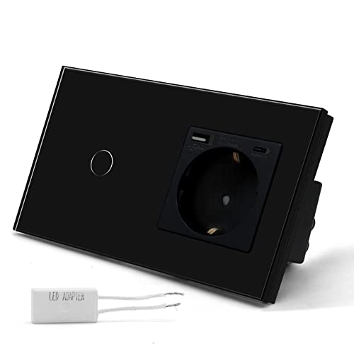 BSEED Dimm Schalter mit Steckdose USB C für LED-Lampen, Touch Lichtschalter aus Glas, Non-wifi Schalter 240V für eine perfekte Listimmungsvolle, 1 Fach 2 Wege Schwarz BSEED Dimm Schalter mit Steckdose USB C für LED-Lampen, Touch Lichtschalter aus Glas, Non-wifi Schalter 240V für eine perfekte Listimmungsvolle, 1 Fach 2 Wege Schwarz von BSEED