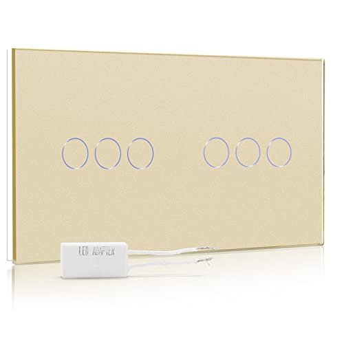 BSEED Dimmer Schalter Led Dimmer Touch Lichtschalter 1-fach 1 weg +1-fach 1 weg Glas Touch Schalter Gold Touchscreen-Funktioniert mit dimmer LED-Glühlampen von BSEED