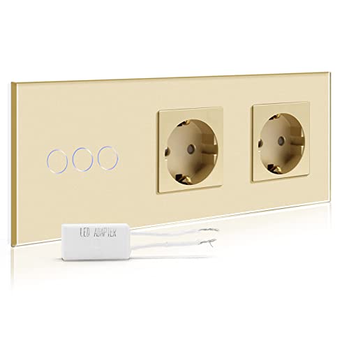 BSEED Dimmer Schalter mit Schuko Steckdose, Unterputz Dimmer Lichtschalter mit dimmer LED-Glühlampen, 1 Fach 1 Weg Glas Dimmer Lichtschalter mit Doppelt Wandsteckdosen Golden 228mm von BSEED