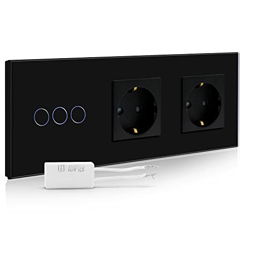 BSEED Dimmer Schalter mit Schuko Steckdose, Unterputz Dimmer Lichtschalter mit dimmer LED-Glühlampen, 1 Fach 1 Weg Glas Dimmer Lichtschalter mit Doppelt Wandsteckdosen Schwarz 228mm BSEED Dimmer Schalter mit Schuko Steckdose, Unterputz Dimmer Lichtschalter mit dimmer LED-Glühlampen, 1 Fach 1 Weg Glas Dimmer Lichtschalter mit Doppelt Wandsteckdosen Schwarz 228mm von BSEED
