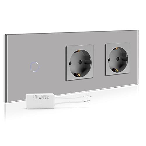 BSEED Dimmer Schalter mit Schuko Steckdose, Unterputz Dimmer Lichtschalter mit dimmer LED-Glühlampen, 1 Fach 2 Wege Glas Dimmer Lichtschalter mit Doppelt Wandsteckdosen Grau 228mm von BSEED