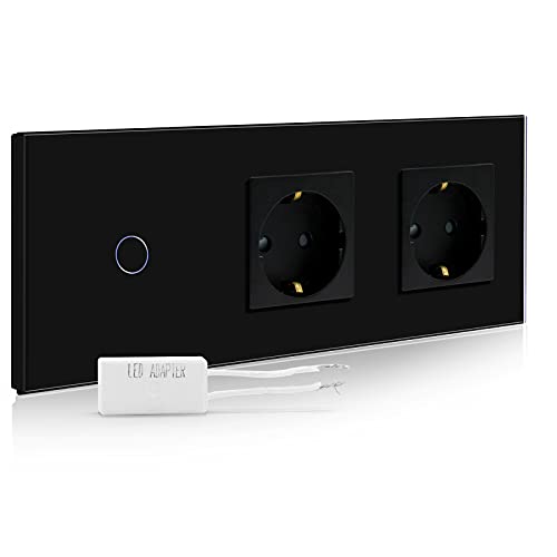 BSEED Dimmer Schalter mit Schuko Steckdose, Unterputz Dimmer Lichtschalter mit dimmer LED-Glühlampen, 1 Fach 2 Wege Glas Dimmer Lichtschalter mit Doppelt Wandsteckdosen Schwarz 228mm von BSEED