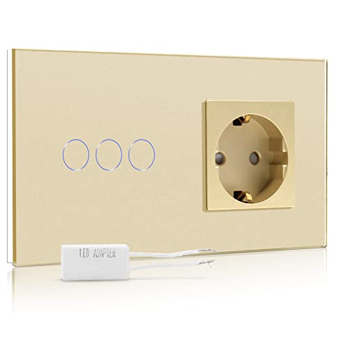 BSEED Dimmer Schalter mit Steckdose mit LED Anzeige 1 Fach 1 Weg Berühren Sie Das Sensorfeld Touchscreen Wandsteckdosen Led Dimmer Touch Lichtschalter Gold von BSEED