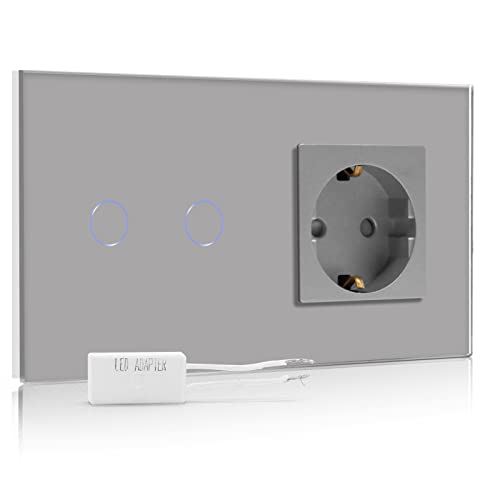 BSEED Dimmer Schalter mit Steckdose mit LED Anzeige 2 Fach 1 Weg Berühren Sie Das Sensorfeld Touchscreen Wandsteckdosen Led Dimmer Touch Lichtschalter Grau von BSEED