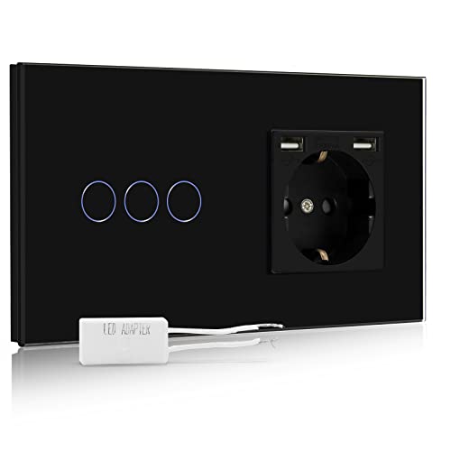 BSEED Dimmer Schalter mit USB Steckdose Anschluss (Max. 2.1A) 1 Fach 1 Weg Led Dimmer Schalter mit Touchscreen Wandsteckdosen mit USB Steckdose Touch Lichtschalter Schwarz von BSEED