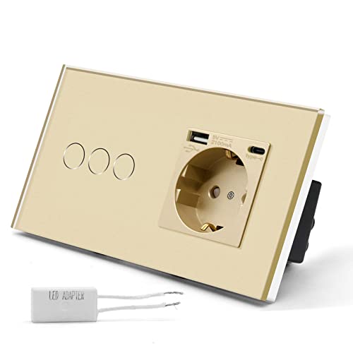 BSEED Dimmer Touch Schalter mit Schuko Steckdose 3 in 1 + 2.1A USB Ladeleistung + Type C Adapter, 1 Fach 1 Weg Wandschalter (kein Wlan) Glas Platten Funktioniert mit LED-Lichtern Gold von BSEED