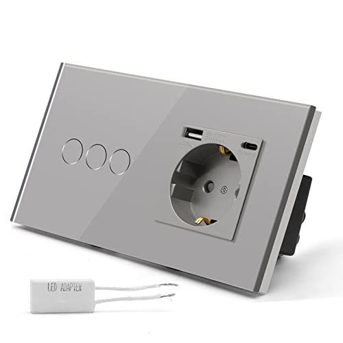 BSEED Dimmer Touch Schalter mit Schuko Steckdose 3 in 1 + 2.1A USB Ladeleistung + Type C Adapter, 1 Fach 1 Weg Wandschalter (kein Wlan) Glas Platten Funktioniert mit LED-Lichtern Grau von BSEED