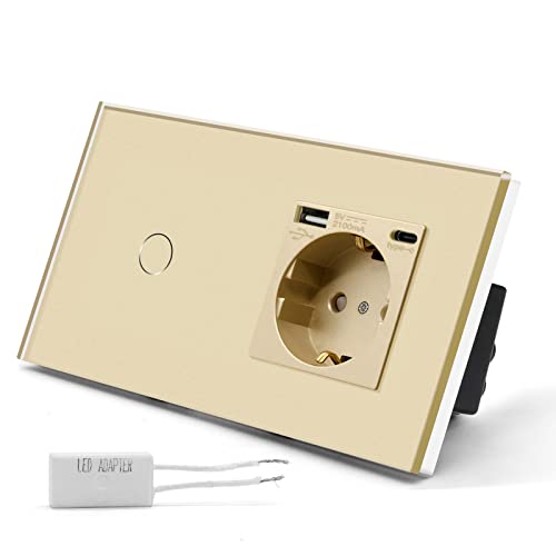 BSEED Dimmer Touch Schalter mit Schuko Steckdose 3 in 1 + 2.1A USB Ladeleistung + Type C Adapter, 1 Fach 2 Weg Wandschalter (kein Wlan) Glas Platten Funktioniert mit LED-Lichtern Grau von BSEED