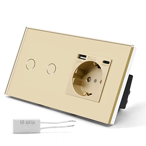 BSEED Dimmer Touch Schalter mit Schuko Steckdose 3 in 1 + 2.1A USB Ladeleistung + Type C Adapter, 2 Fach 1 Weg Wandschalter (kein Wlan) Glas Platten Funktioniert mit LED-Lichtern Grau von BSEED