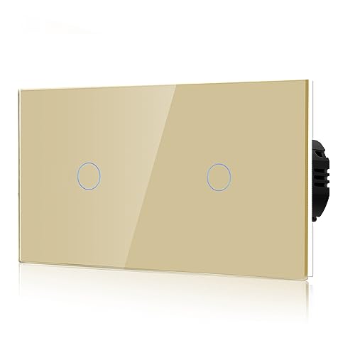 BSEED Doppelberührungsschalter 1-Fach 2-Wege-Glasscheibe Kein Neutralleiter, KEIN-WIFI,Gehärtete Kristallplatte Schalter mit LED Hintergrundbeleuchtung, Eingebettet Gold von BSEED