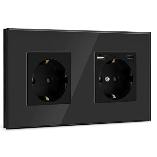 BSEED Doppelsteckdose Schuko Steckdose mit einem USB/Typ C 16Amp USB C Steckdose Unterputz Steckdose Glas Einbausteckdose mit 157mm Wandsteckdose Schwarz von BSEED