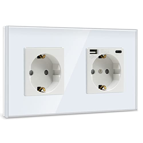 BSEED Doppelsteckdose Schuko Steckdose mit einem USB/Typ C 16Amp USB C Steckdose Unterputz Steckdose Glas Einbausteckdose mit 157mm Wandsteckdose Weiß von BSEED