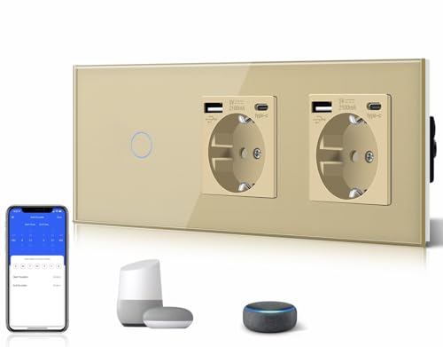 BSEED Doppelt 3 in 1 Steckdose mit 2.1A USB Ladeleistung mit Type C Adapter + 1 Fach 1 Weg Smart Alexa Touch Lichtschalter Glas Wifi Schalter(Neutralleiter Benötigt) Tuya/Google Home Kompatibel Gold von BSEED