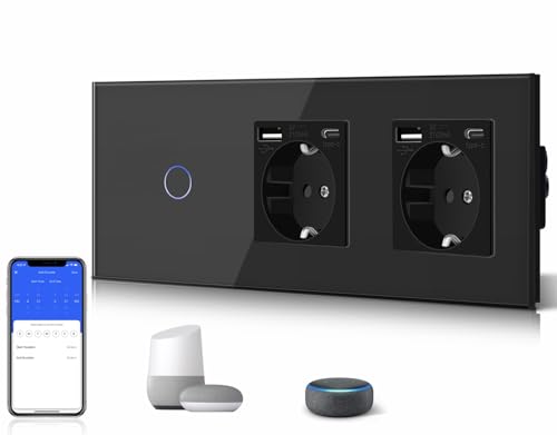 BSEED Doppelt 3 in 1 Steckdose mit 2.1A USB Ladeleistung mit Type C Adapter + 1 Fach 1 Weg Smart Alexa Touch Lichtschalter Glas Wifi Schalter(Neutralleiter Benötigt) Tuya/Google Home Schwarz von BSEED
