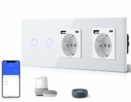 BSEED Doppelt 3 in 1 Steckdose mit 2.1A USB Ladeleistung mit Type C Adapter + 2 Fach 1 Weg Smart Alexa Touch Lichtschalter Glas Wifi Schalter(Neutralleiter Benötigt) Tuya/Google Home Kompatibel Weiß von BSEED
