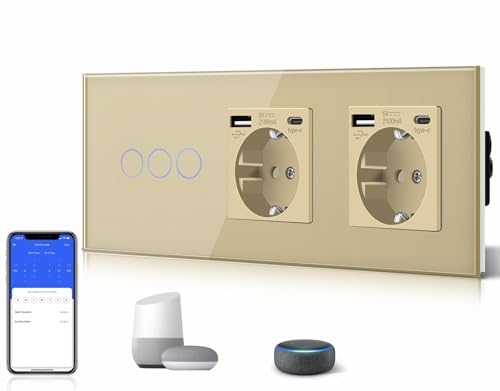 BSEED WLAN Lichtschalter(Neutralleiter Erforderlich), 3 Fach 1 Weg Schalter mit 2 Non-Wifi Steckdose mit USB C aus Glas, Wifi Schalter Kompatibel mit Alexa/Tuya/Google Home/SAMRT LIFE, Gold von BSEED