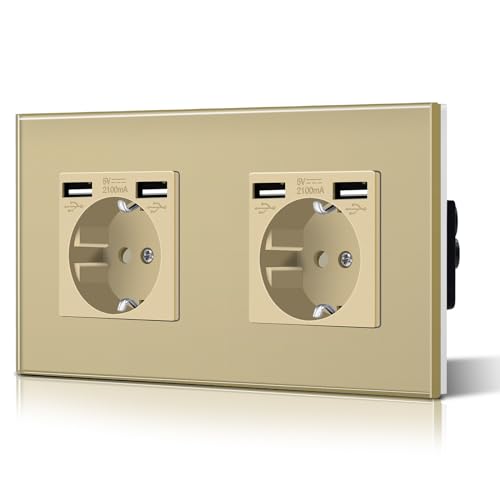 BSEED Doppelt Schuko Steckdose Glas 3 in 1 Unterputz mit 1/4 USB Ladeleistung Adapter Aufladestation Verlängerungssteckdosen WandSteckdose 16 Amp Einfache Installation 157mm Gold von BSEED