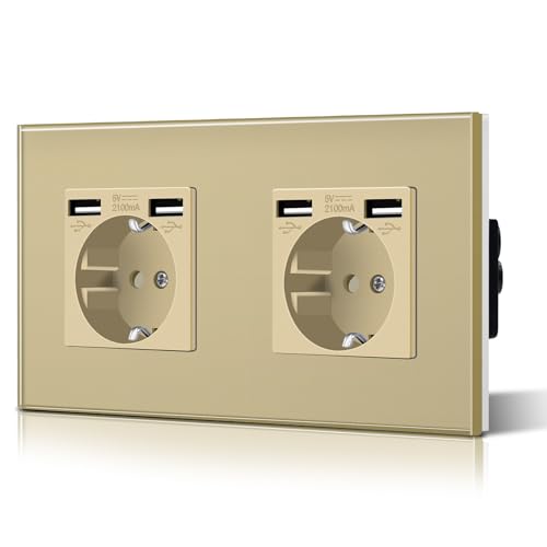 BSEED Doppelt Schuko Steckdose Glas 3 in 1 Unterputz mit 1/4 USB Ladeleistung Adapter Aufladestation Verlängerungssteckdosen WandSteckdose 16 Amp Einfache Installation 157mm Gold BSEED Doppelt Schuko Steckdose Glas 3 in 1 Unterputz mit 1/4 USB Ladeleistung Adapter Aufladestation Verlängerungssteckdosen WandSteckdose 16 Amp Einfache Installation 157mm Gold von BSEED